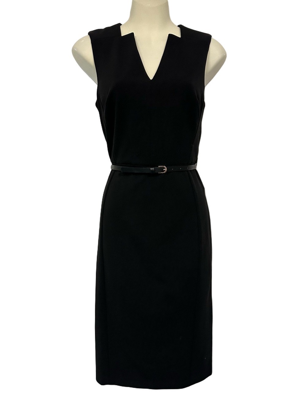 Calvin Klein Black Belted Sleeveless Dress Size 8 Hostess Server Funeral Classic
